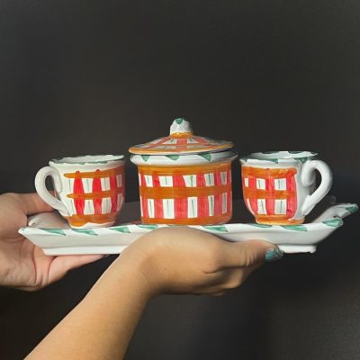 Set 2 tazzine con zuccheriera e vassoio Keramos ceramica Santa Stefano di Camastra ARANCIO